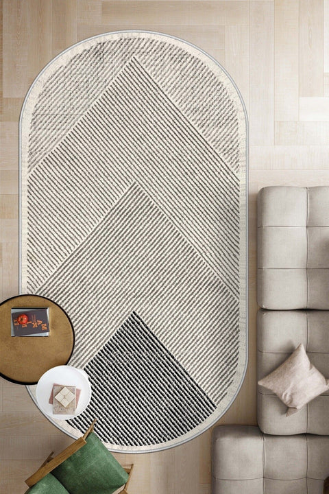 Modern Oval Kitchen Rug – Beige in a living room