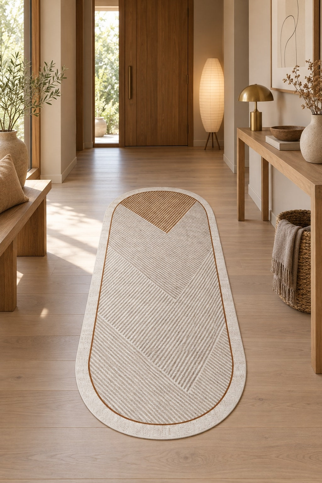 Modern Oval Kitchen Rug – Brown in a hallway