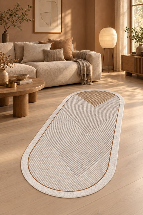Modern Oval Kitchen Rug – Brown in a living room