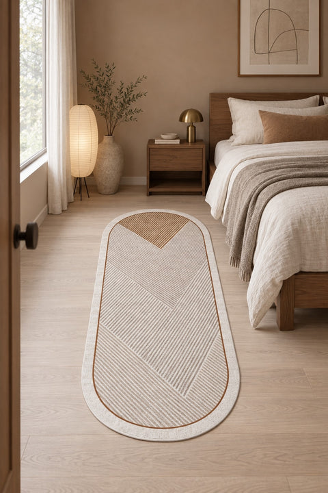 Modern Oval Kitchen Rug – Brown in a bedroom