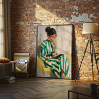 Contemporary Portrait of Woman Reading in Green Striped Dress, Thoughtful Female Artwork, Large Wall Print for Home Decor