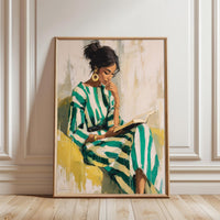 Contemporary Portrait of Woman Reading in Green Striped Dress, Thoughtful Female Artwork, Large Wall Print for Home Decor