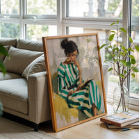 Contemporary Portrait of Woman Reading in Green Striped Dress, Thoughtful Female Artwork, Large Wall Print for Home Decor