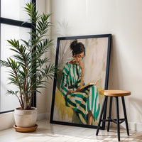 Contemporary Portrait of Woman Reading in Green Striped Dress, Thoughtful Female Artwork, Large Wall Print for Home Decor