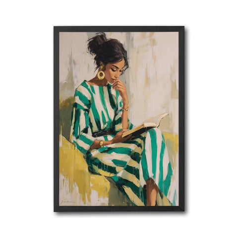 Contemporary Portrait of Woman Reading in Green Striped Dress, Thoughtful Female Artwork, Large Wall Print for Home Decor