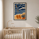 Moonlit Beach Coastal Retro Wall Art – Ocean Waves and Lighthouse Print