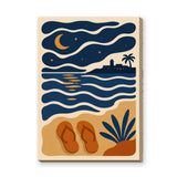 Moonlit Beach Coastal Retro Wall Art – Ocean Waves and Lighthouse Print