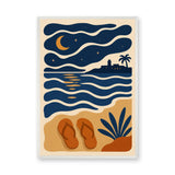 Moonlit Beach Coastal Retro Wall Art – Ocean Waves and Lighthouse Print