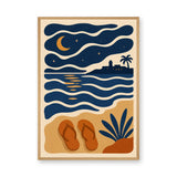 Moonlit Beach Coastal Retro Wall Art – Ocean Waves and Lighthouse Print