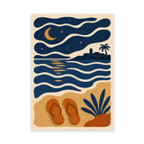 Moonlit Beach Coastal Retro Wall Art – Ocean Waves and Lighthouse Print