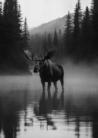 Moose Forest Photography Modern Wall Art – Misty Mountain Lake