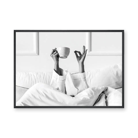 Morning Coffee Minimalist Wall Art – Black and White Bed Print