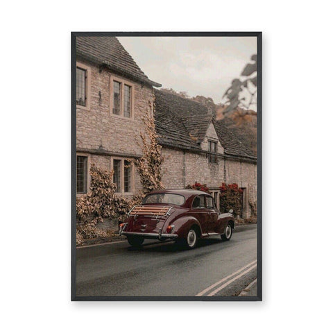 Morris Minor Village Vintage Wall Art – Burgundy Car by Stone Cottages