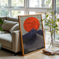 Mountain Landscape with Red Sun Aesthetic Décor Poster Home Wall Poster