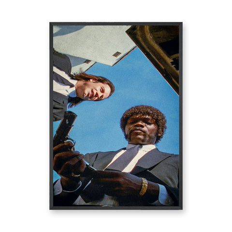 Movie Portrait Retro Vintage Wall Art – Low-Angle Crime Duo in Blue