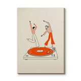 Music Retro Line Art Wall Art – Turntable Dancers on Orange Vinyl