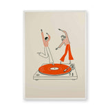 Music Retro Line Art Wall Art – Turntable Dancers on Orange Vinyl