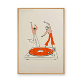 Music Retro Line Art Wall Art – Turntable Dancers on Orange Vinyl