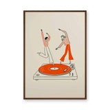 Music Retro Line Art Wall Art – Turntable Dancers on Orange Vinyl