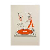 Music Retro Line Art Wall Art – Turntable Dancers on Orange Vinyl