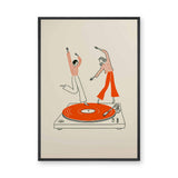 Music Retro Line Art Wall Art – Turntable Dancers on Orange Vinyl