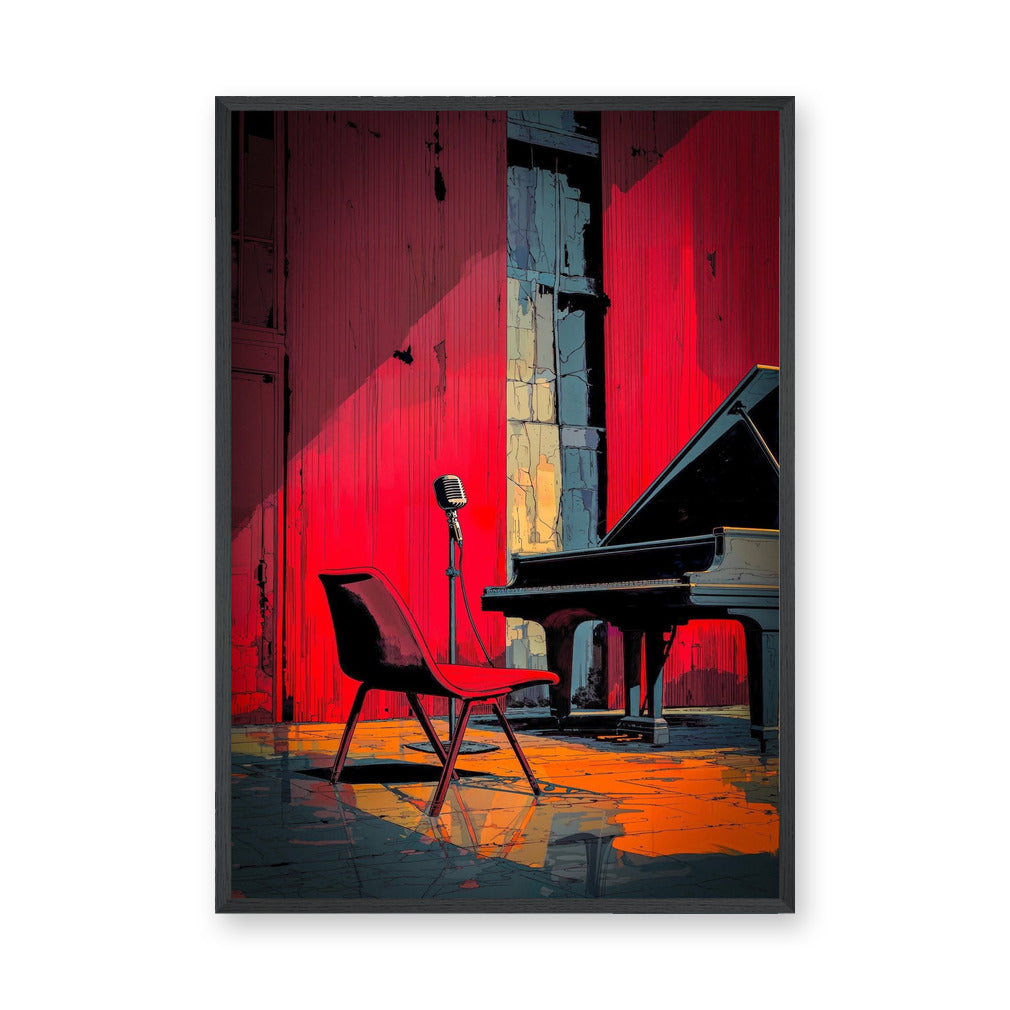 Music Retro Pop-Art Wall Art – Red Jazz Stage with Piano and Microphone