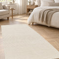 Mystic Modern Area Rug – Cream in a bedroom