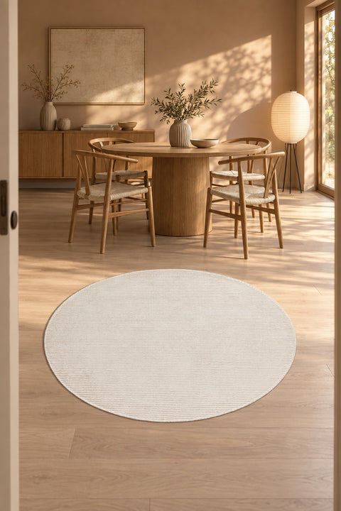 Mystic Modern Area Rug – Light Beige in a dining room