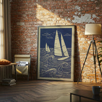 Nautical Sailboat Linocut Wall Print | Heritage Maritime Ocean Print | Coastal Sailing Artwork for Beach House Decor