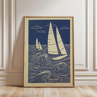 Nautical Sailboat Linocut Wall Print | Heritage Maritime Ocean Print | Coastal Sailing Artwork for Beach House Decor