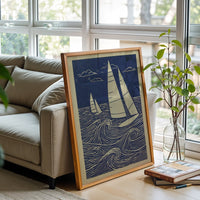 Nautical Sailboat Linocut Wall Print | Heritage Maritime Ocean Print | Coastal Sailing Artwork for Beach House Decor