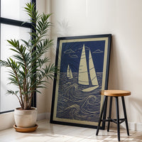 Nautical Sailboat Linocut Wall Print | Heritage Maritime Ocean Print | Coastal Sailing Artwork for Beach House Decor