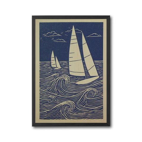 Nautical Sailboat Linocut Wall Print | Heritage Maritime Ocean Print | Coastal Sailing Artwork for Beach House Decor