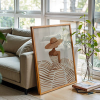 Neutral Boho Woman in Sun Hat Wall Print – Minimal Fashion Silhouette, Beige and Brown Line Fine Print