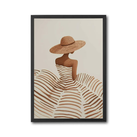 Neutral Boho Woman in Sun Hat Wall Print – Minimal Fashion Silhouette, Beige and Brown Line Fine Print