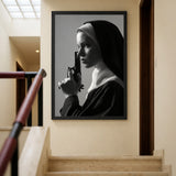 Nun Portrait Surreal Wall Art – Dramatic Black-and-White Gun Print