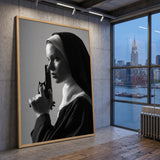 Nun Portrait Surreal Wall Art – Dramatic Black-and-White Gun Print