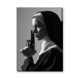 Nun Portrait Surreal Wall Art – Dramatic Black-and-White Gun Print