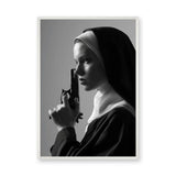 Nun Portrait Surreal Wall Art – Dramatic Black-and-White Gun Print