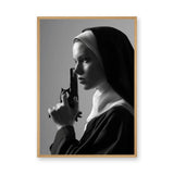 Nun Portrait Surreal Wall Art – Dramatic Black-and-White Gun Print