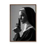 Nun Portrait Surreal Wall Art – Dramatic Black-and-White Gun Print