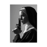 Nun Portrait Surreal Wall Art – Dramatic Black-and-White Gun Print