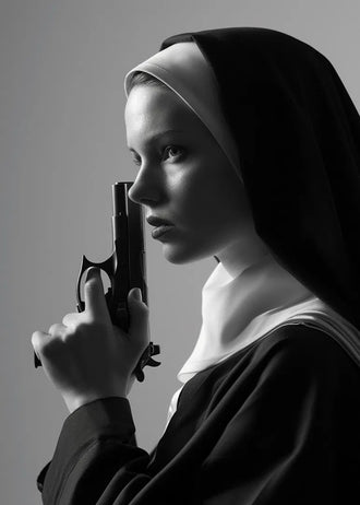 Nun Portrait Surreal Wall Art – Dramatic Black-and-White Gun Print