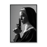 Nun Portrait Surreal Wall Art – Dramatic Black-and-White Gun Print
