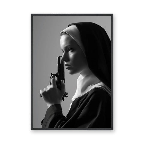 Nun Portrait Surreal Wall Art – Dramatic Black-and-White Gun Print