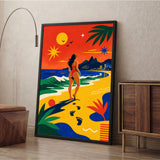 Ocean Beach Retro Wall Art – Tropical Sunset Woman Shoreline Print