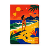 Ocean Beach Retro Wall Art – Tropical Sunset Woman Shoreline Print