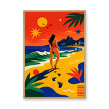 Ocean Beach Retro Wall Art – Tropical Sunset Woman Shoreline Print