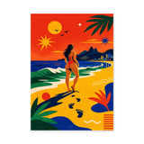 Ocean Beach Retro Wall Art – Tropical Sunset Woman Shoreline Print