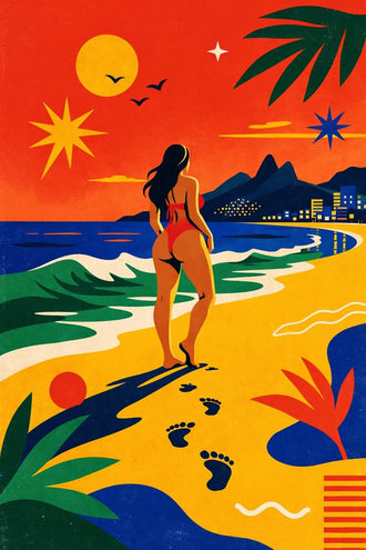 Ocean Beach Retro Wall Art – Tropical Sunset Woman Shoreline Print
